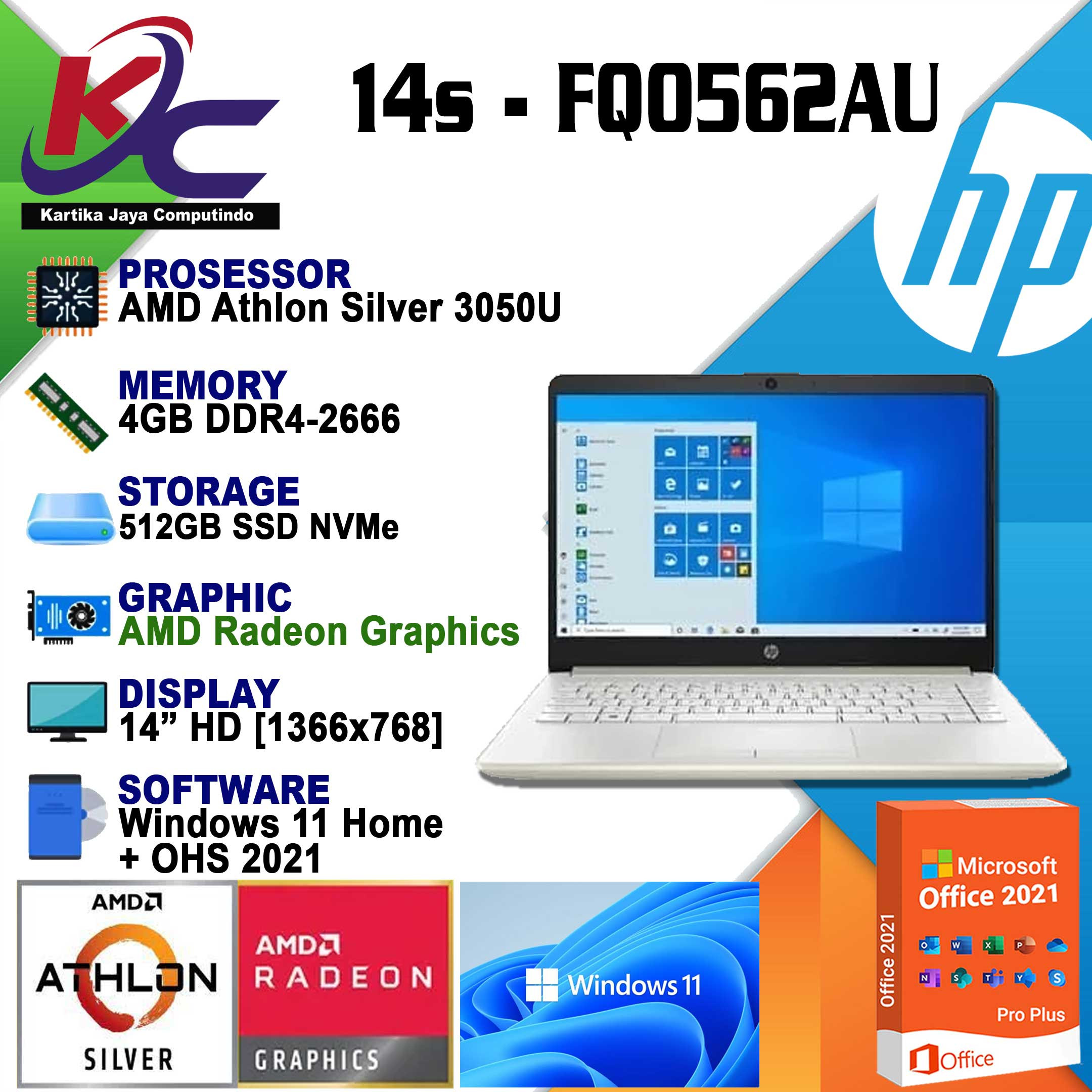 HP 14 FQ0562AU  A3050/ 4GB/ SSD512/ W11 OHS SILVER