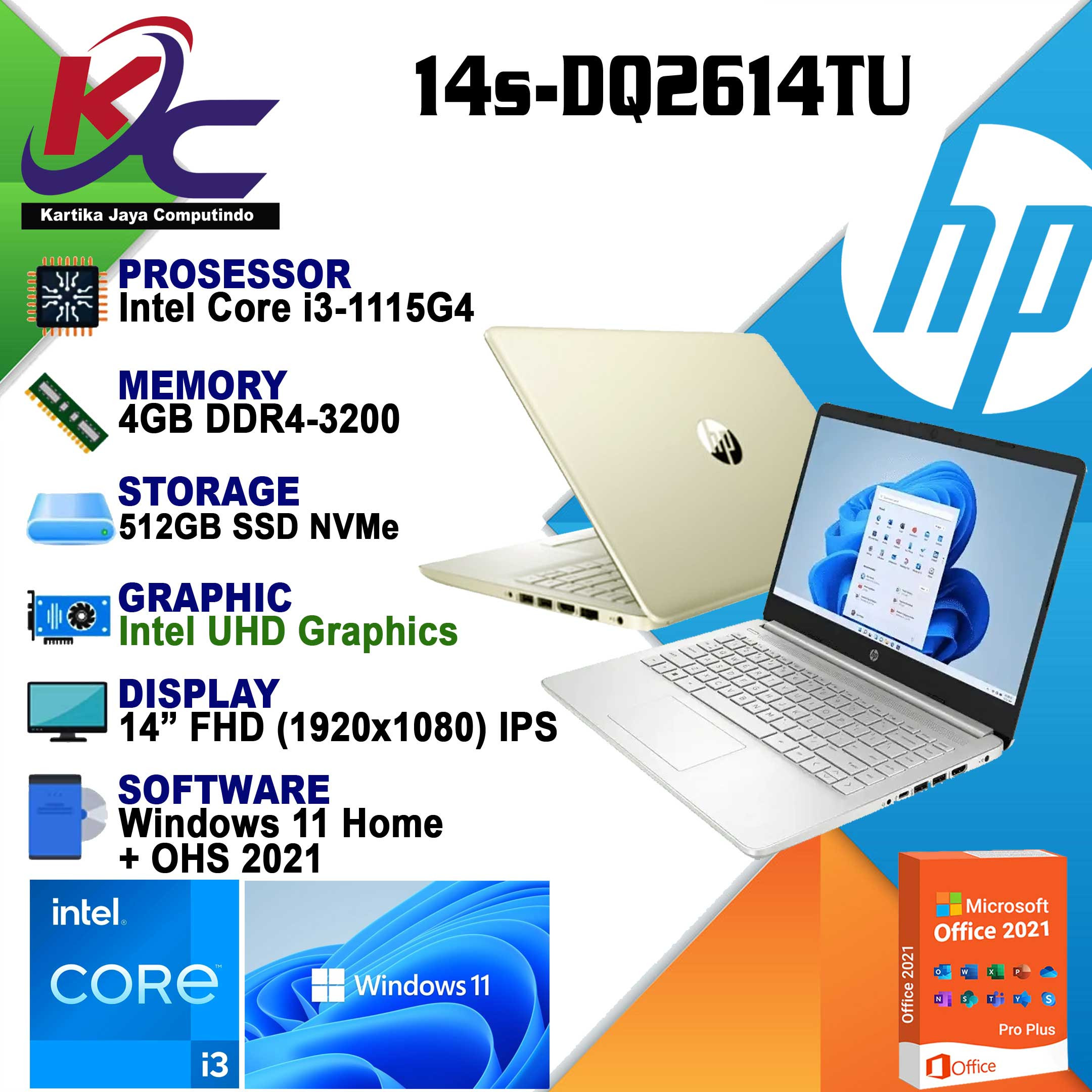 Kartika Komputer | HP 14S-DQ2614TU I3 1115G4/ 8GB/ 512GB/ W11OHS