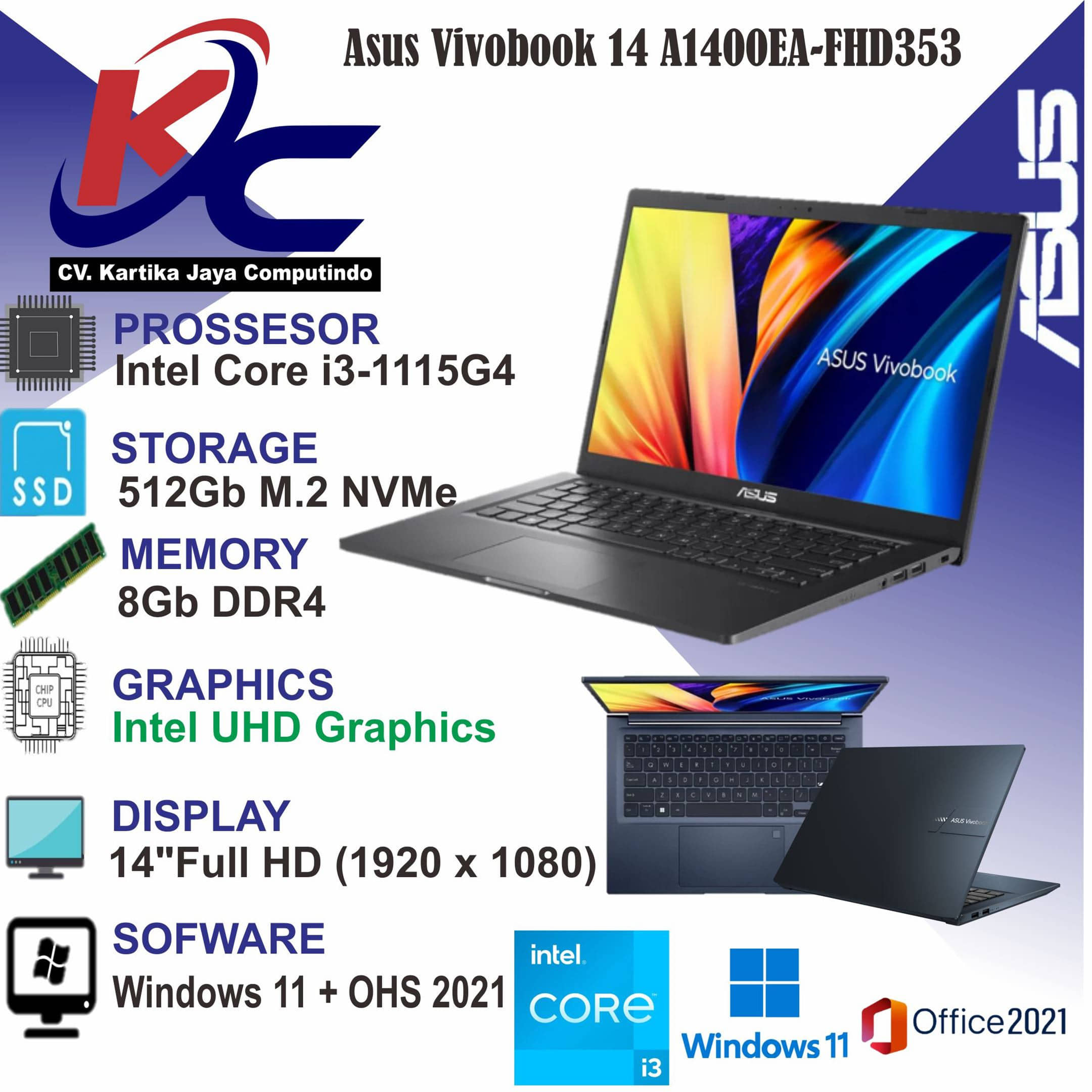 Kartika Komputer ASUS A1400EA FHD353 I3 1115G4 8GB SSD512 W11 OHS kartika-komputer-asus-a1400ea-fhd353-i3-1115g4-8gb-ssd512-w11-ohs