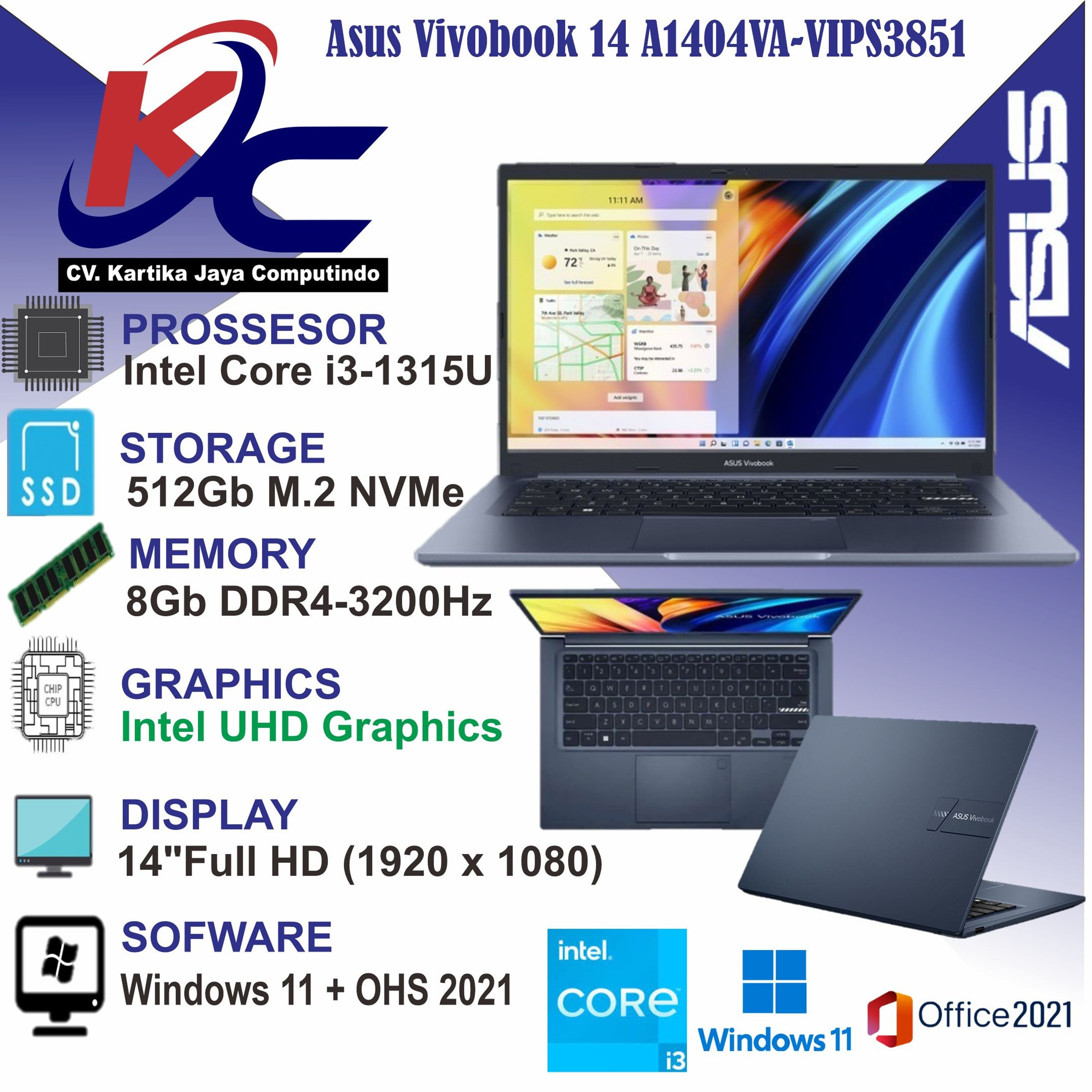 ASUS A1404VA-VIPS3851  I3-1315U/ 8GB/ SSD512/ FHD IPS/W11+M365 OHS BLUE