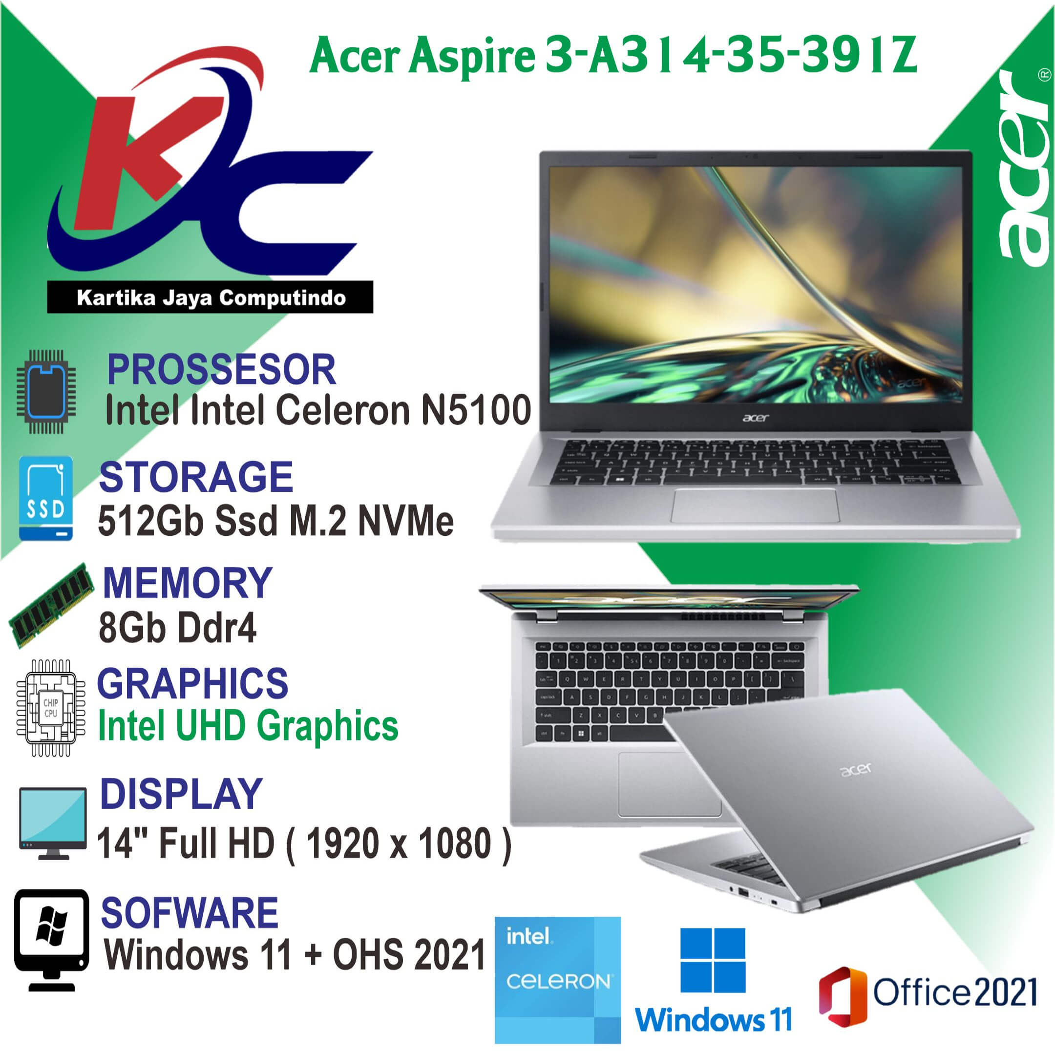 ACER A314-35-C91Z  N5100/ 8GB/ SSD512/ FHD/ W11 OHS SILVER