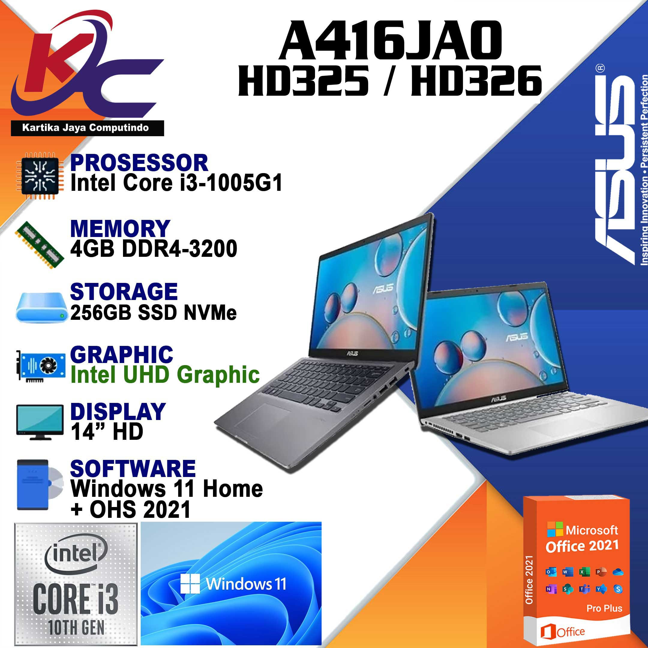 ASUS A416JAO - FHD326 I3 1005G1/ 4GB/ 256GB/ W11 OHS SILVER