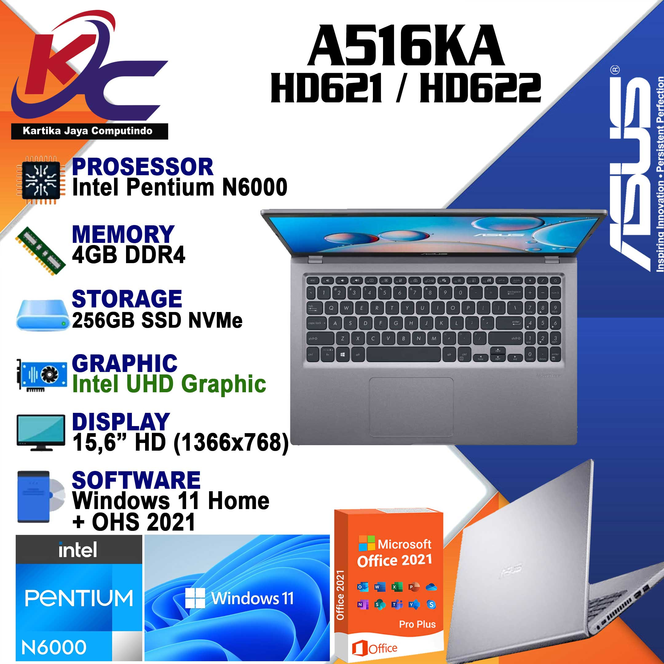 ASUS A516KA-HD621  N6000/ 4GB/ SSD256/ W11 OHS GREY