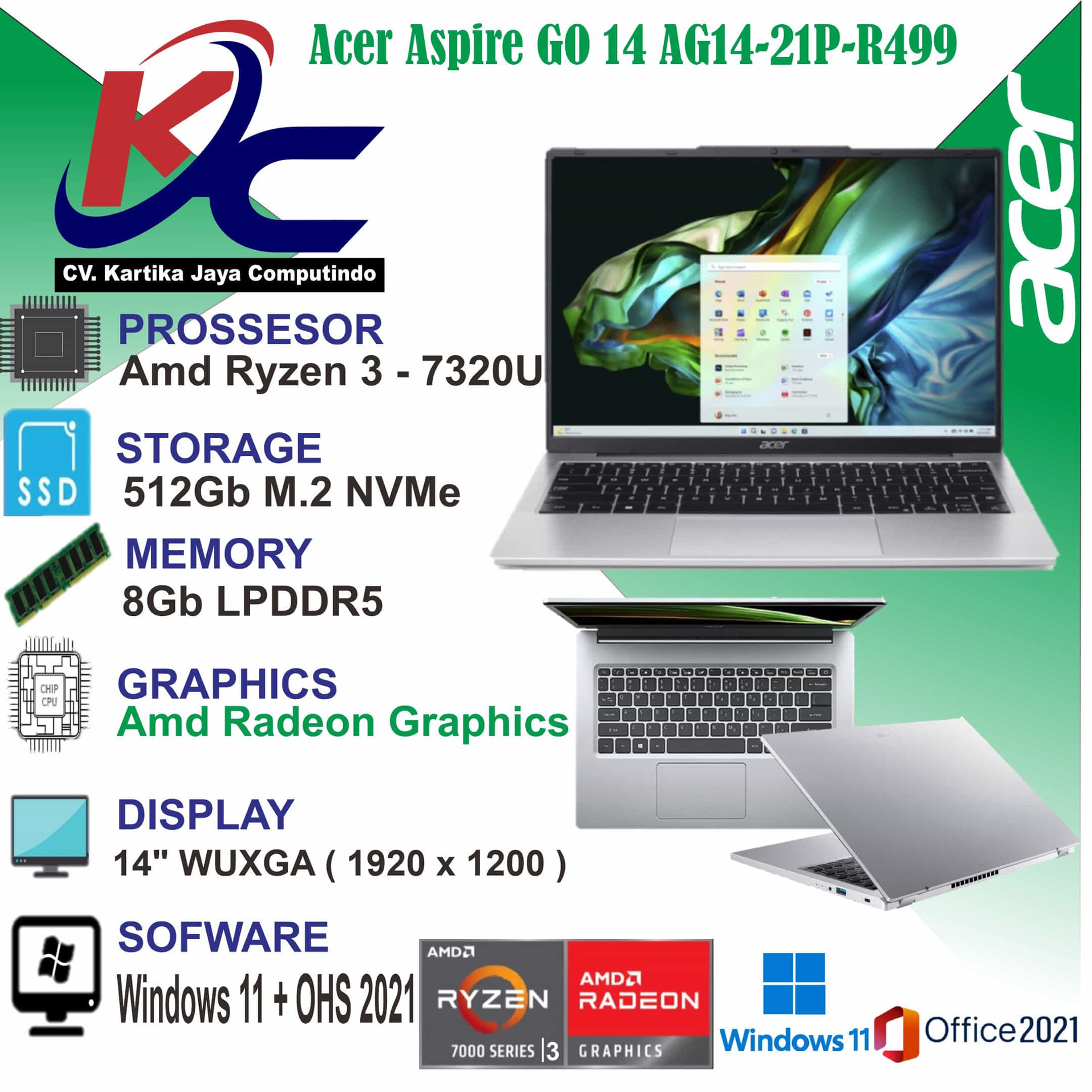 ACER AG14-21P-R499 R3-7320U 8GB 512GB W11OHS SILVER