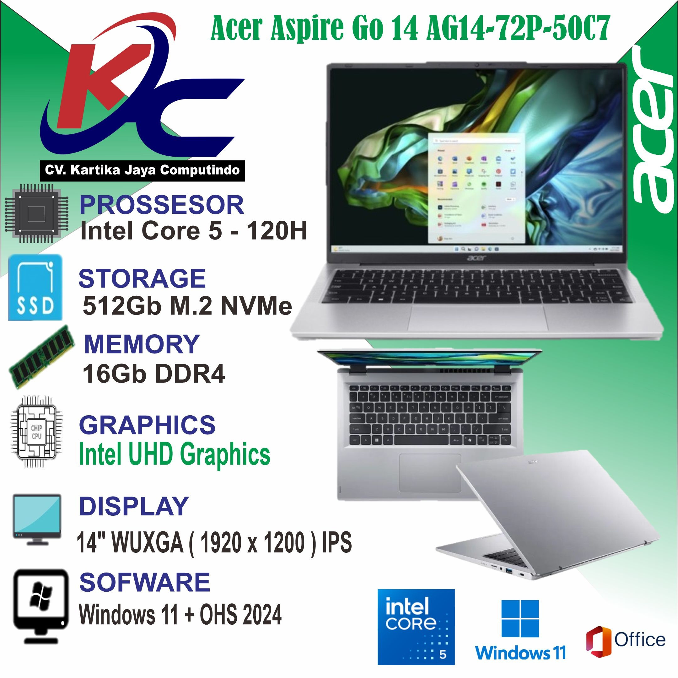 ACER AG14-72P-50C7  CORE 5-120U/ 16GB/ SSD 512GB/ W11 OHS SILVER