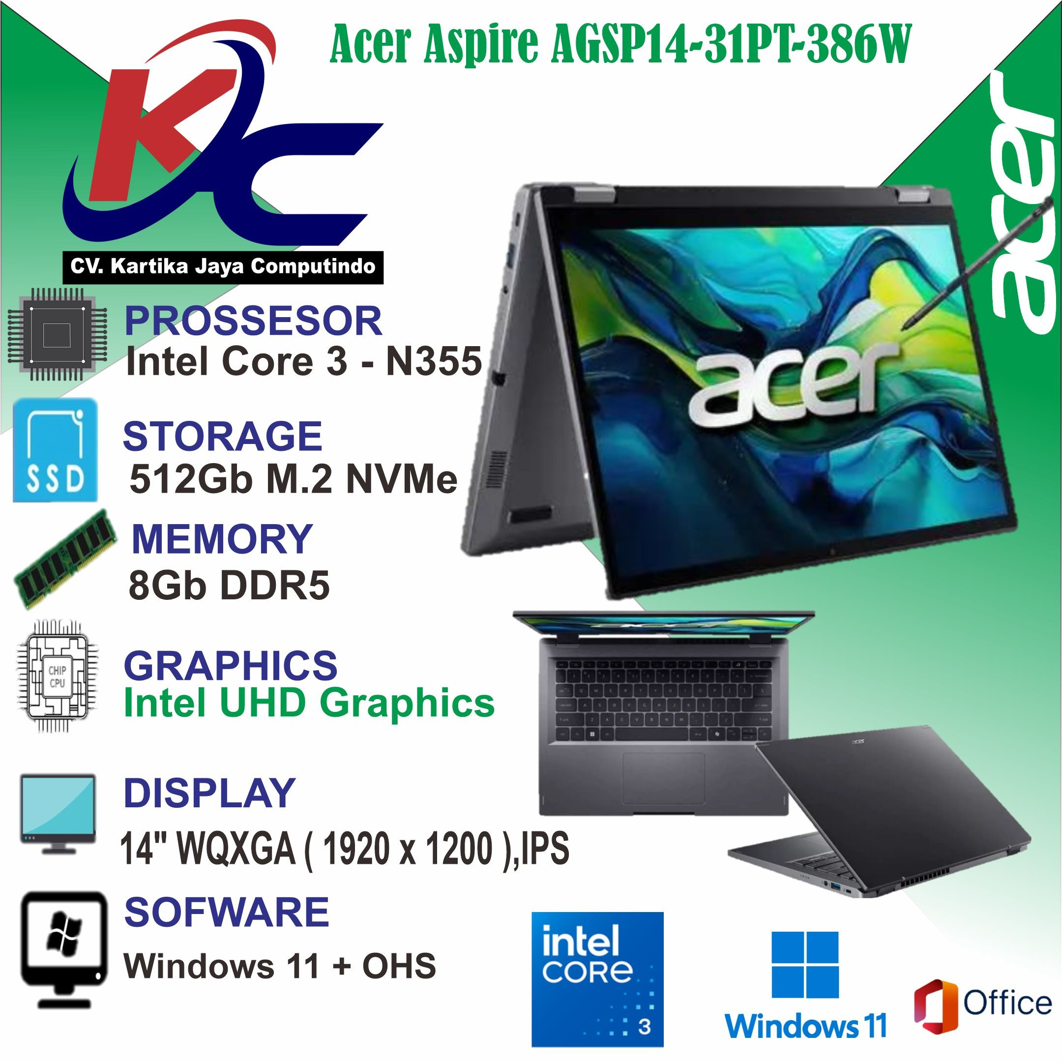 ACER AGSP14-31PT-386W  CORE 3-N355/ 8GB/ SSD 512GB/ TOUCH/ W11 OHS24 SILVER