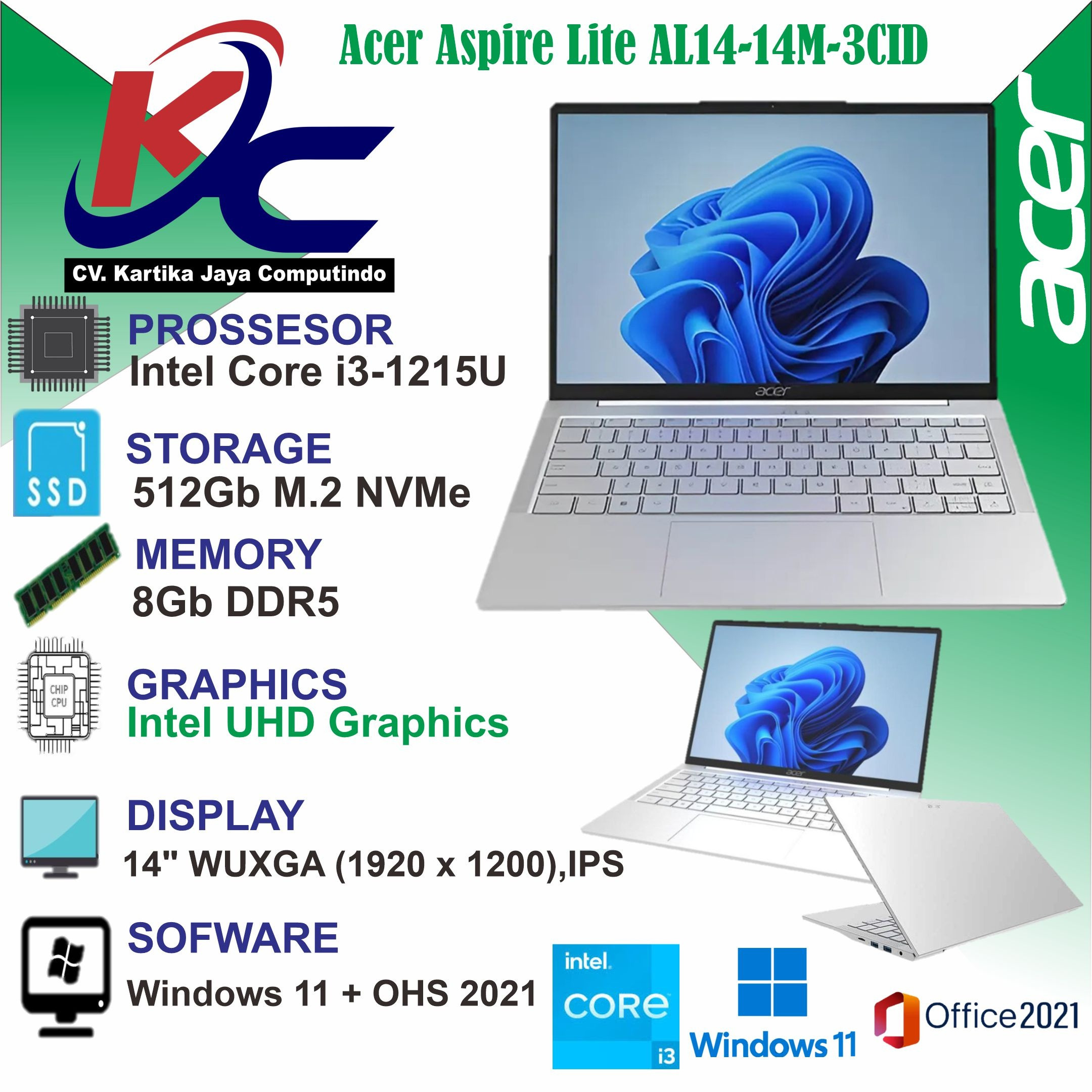 ACER AL14-14M-3CID  I3-1215U/ 8GB/ SSD 512GB/ IPS/ W11 OHS ASILVER