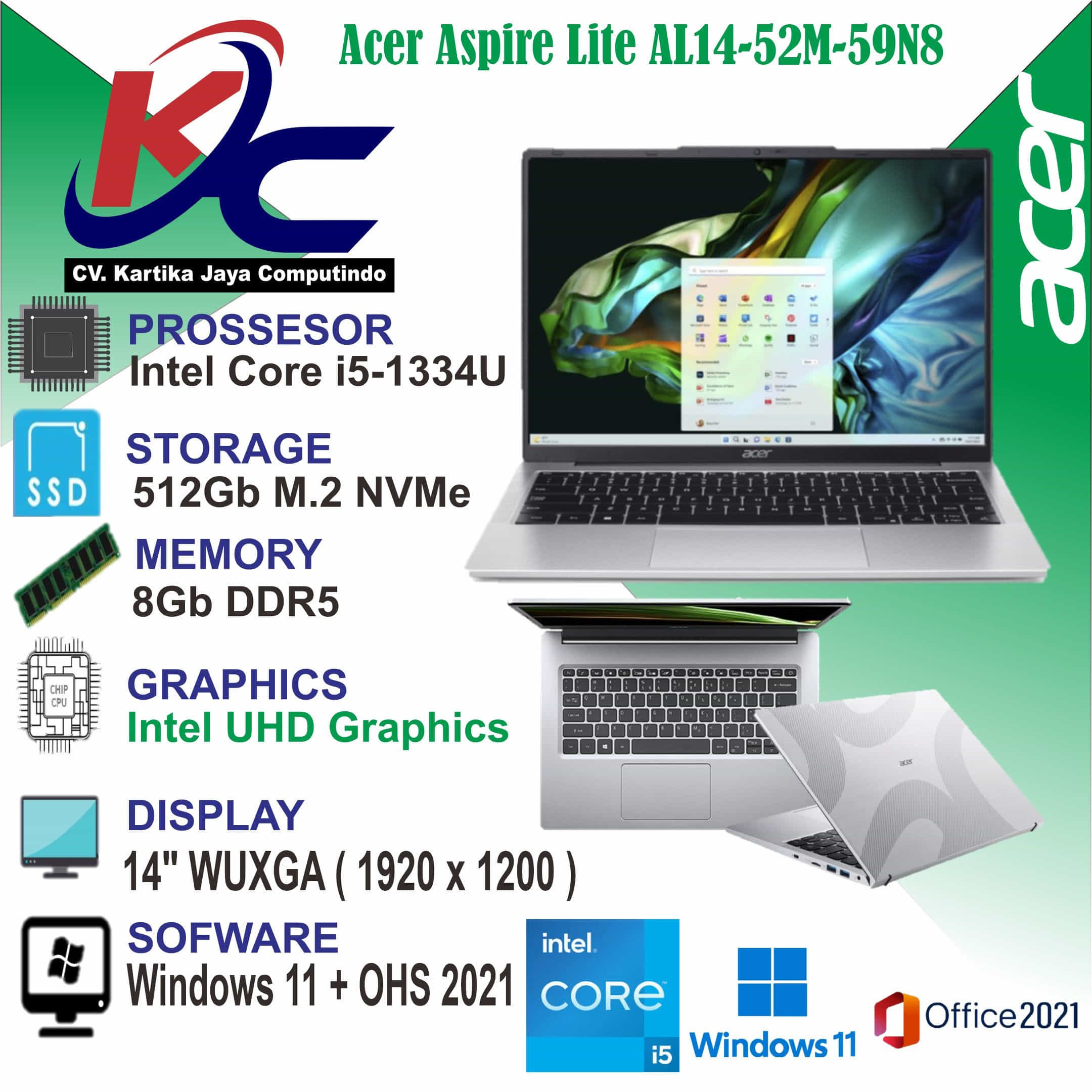 ACER AL14-52M-59N8  I5-1334U/ 8GB/ SSD 512GB/ W11 OHS SILVER