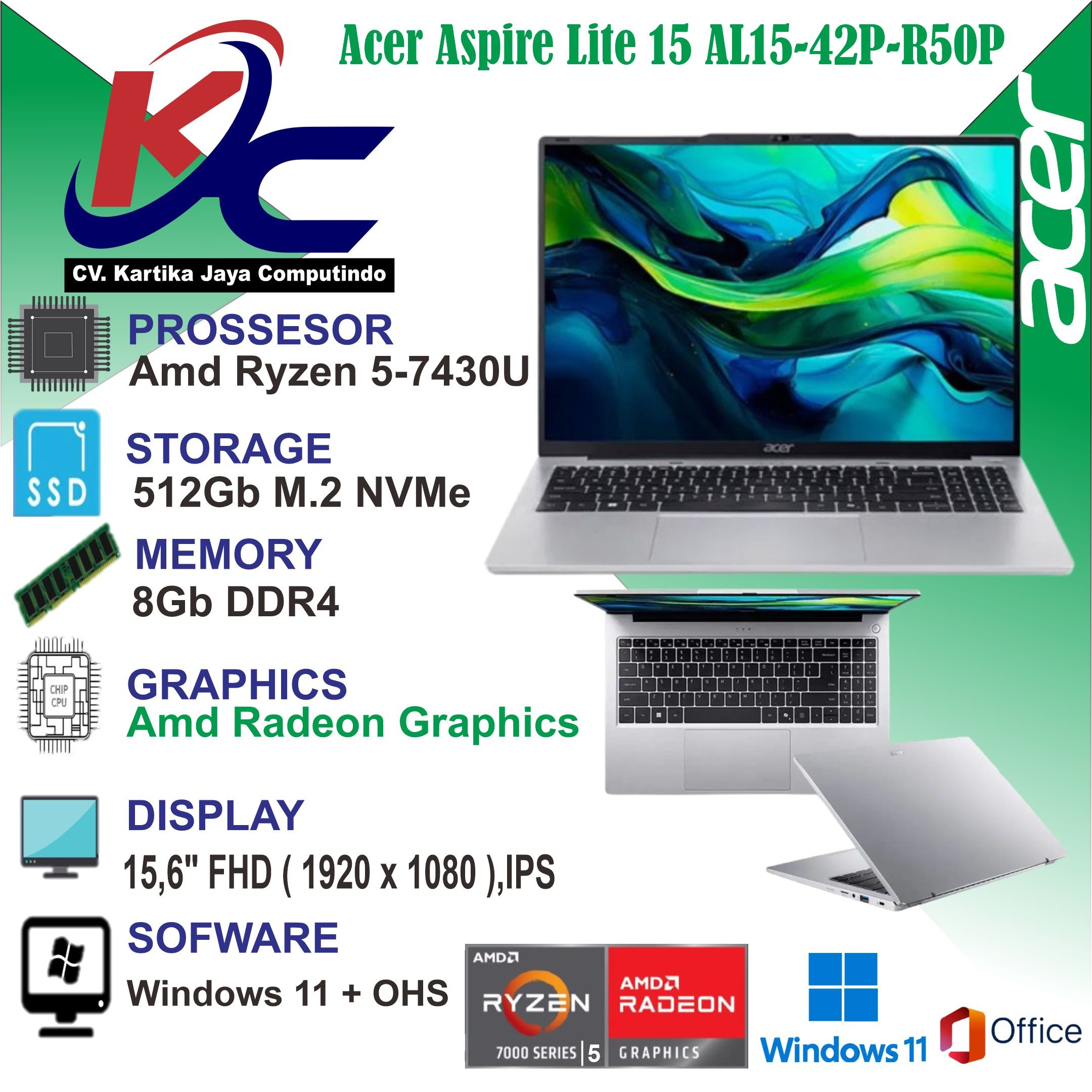 ACER AL15-42P-R50P  R5-7430U/ 8GB/ SSD 512GB/ FHD IPS/ W11 OHS+M365 SILVER