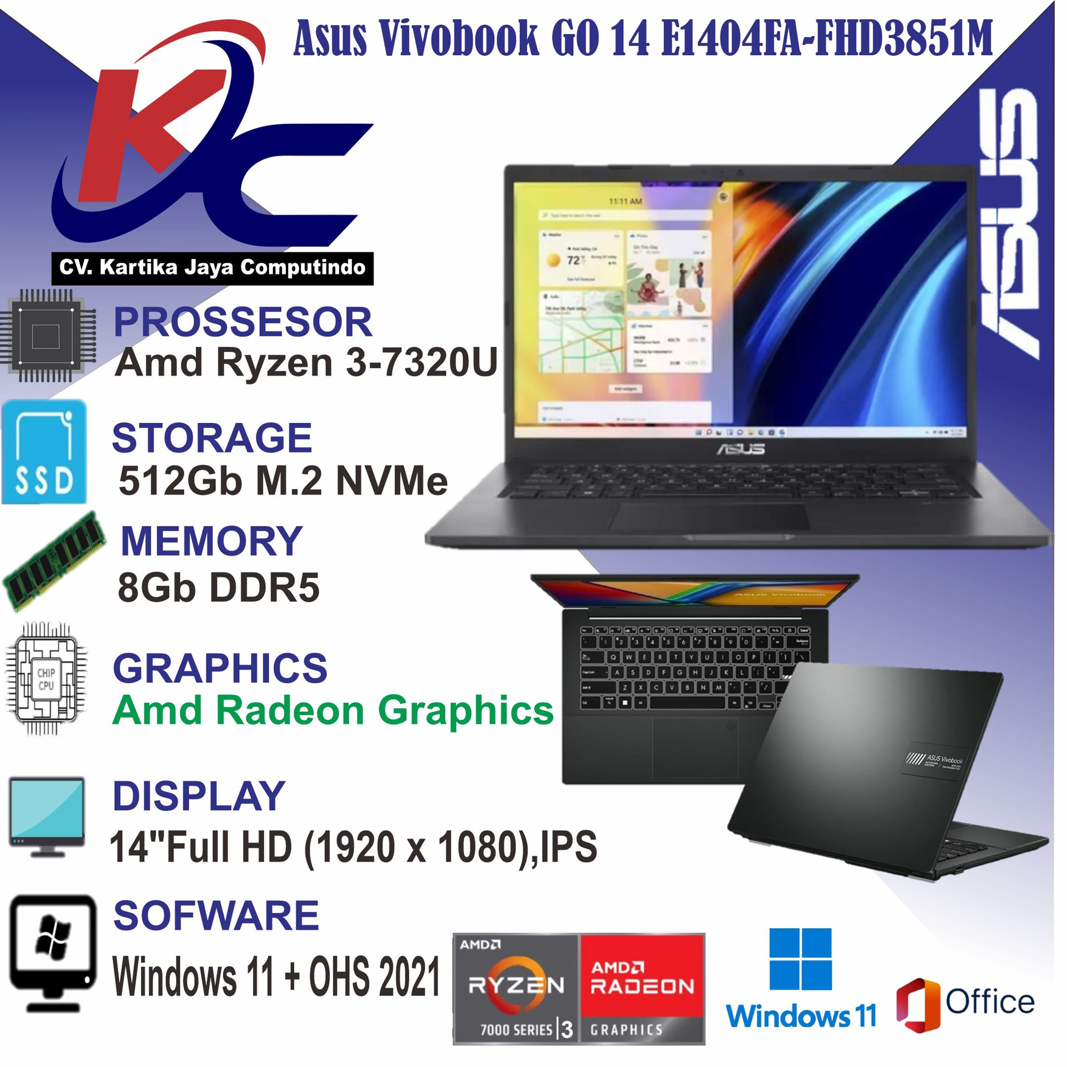 ASUS E1404FA-FHD3851M  R3-7320U/ 8GB/ SSD512/ W11 OHS+0365 BLACK