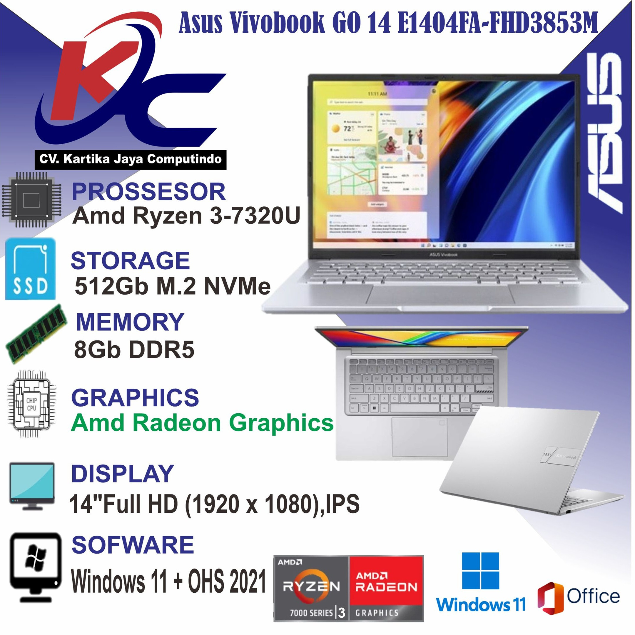 ASUS E1404FA-FHD3853M  R3-7320U/ 8GB/ SSD512/ W11 OHS+0365 SILVER