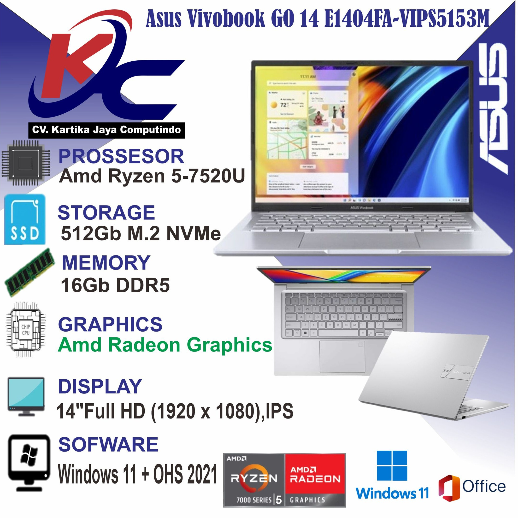 ASUS E1404FA-VIPS5153M R5-7520U/ 16GB/ SSD 512GB/ W11 OHS+M365 SILVER