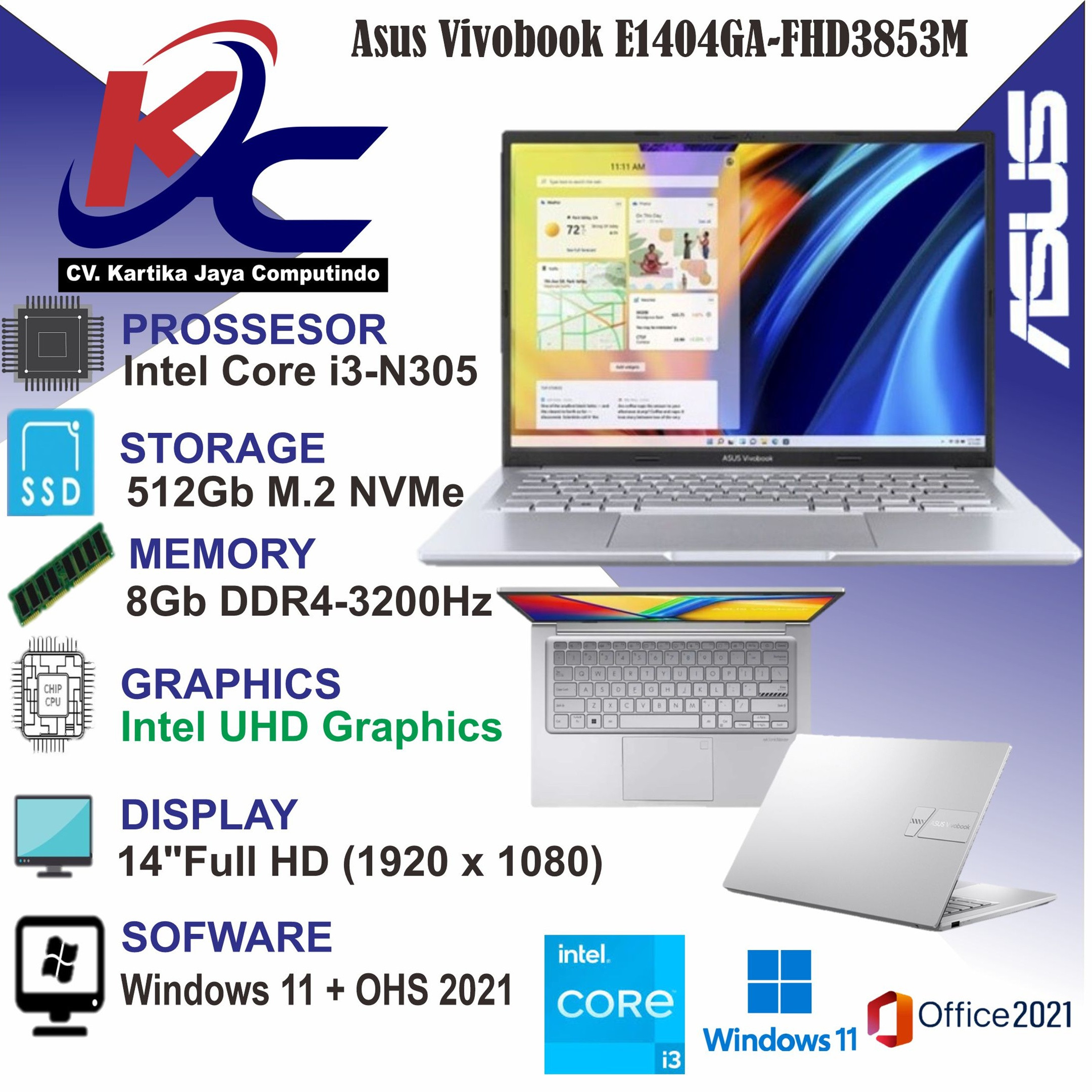 ASUS E1404GA-FHD3853M I3-N305/ 8GB/ 512GB/ W11 OHS+M365 SILVER