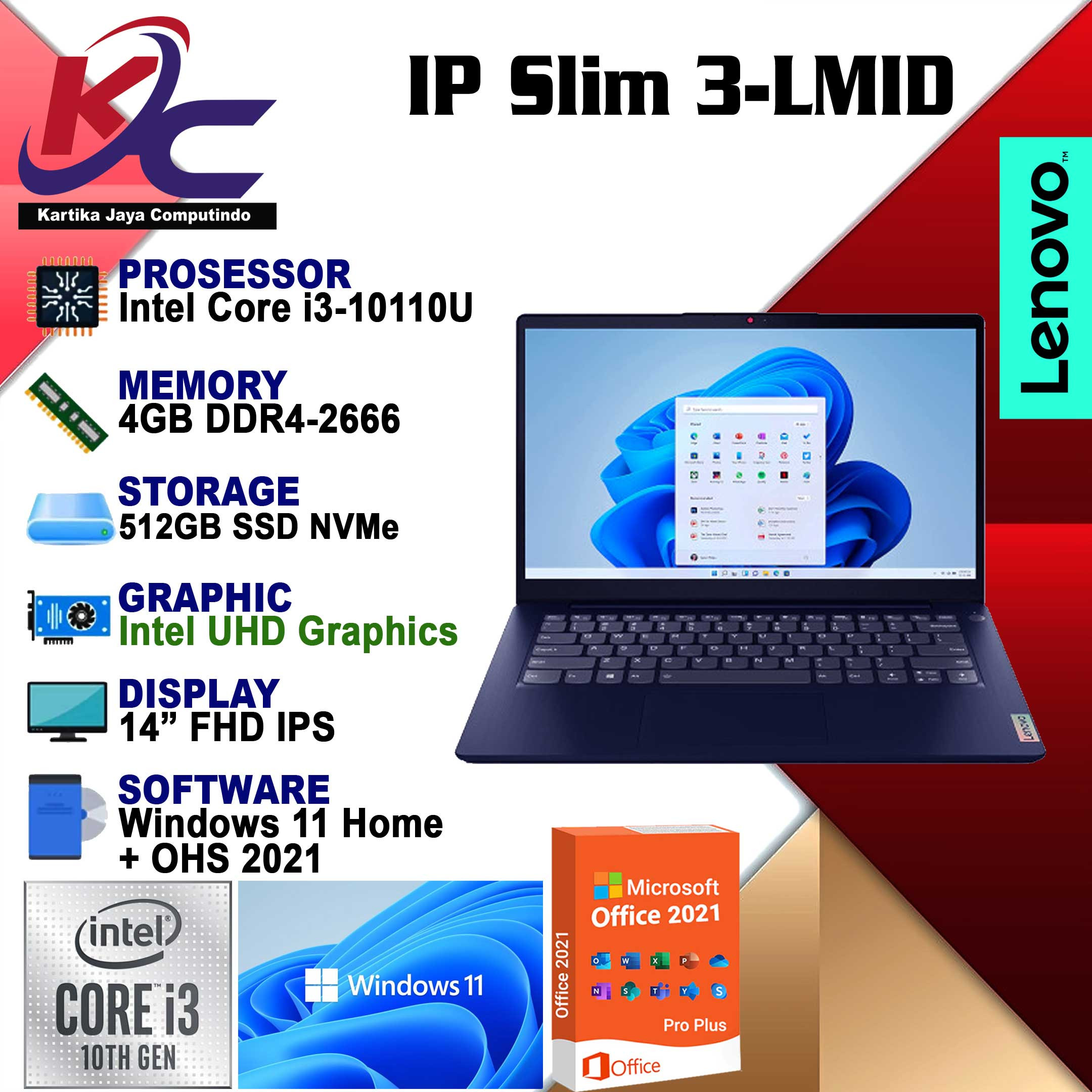 Kartika Komputer | LENOVO IP 3 LMID I3-10110/ 4GB/ SSD512/ W11 OHS BLUE