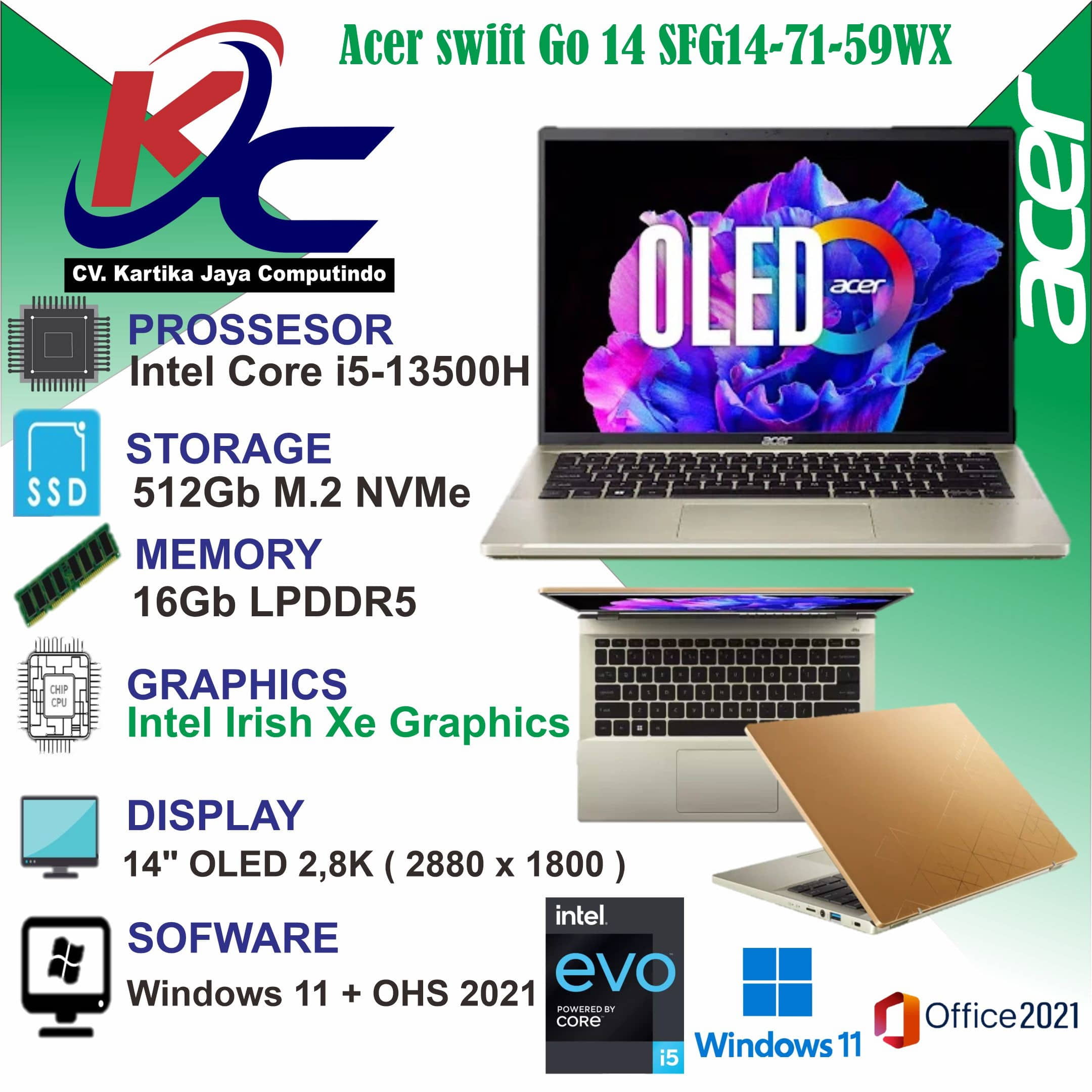 ACER SWIFT GO SFG14-71-59WX I5-13500H/ 16GB/ SSD512/ 14OLED 