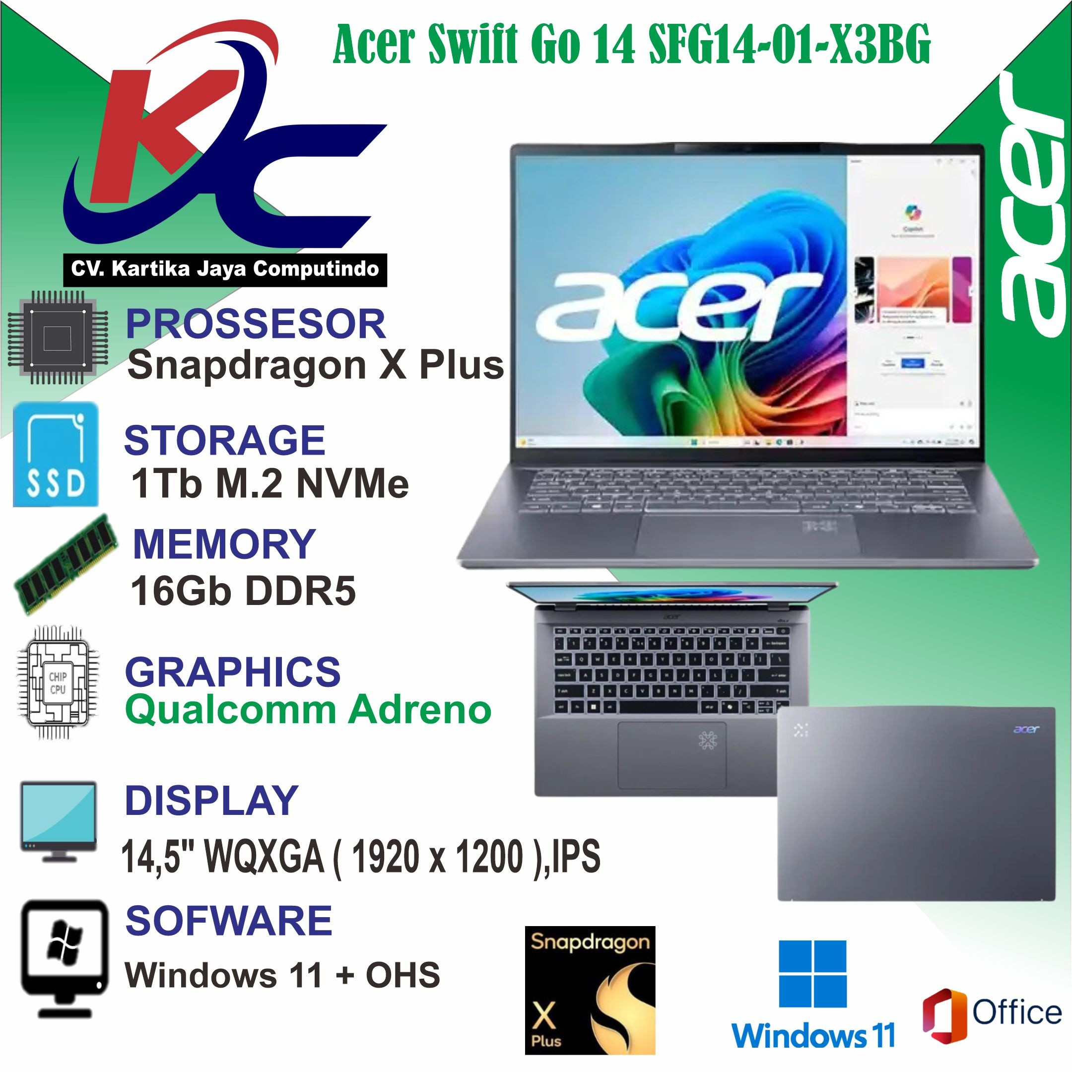 ACER SFG14-01-X3BG  SNAPDRAGON X1P-42100/ 16GB/ SSD 1TB/ W11 OHS GREY